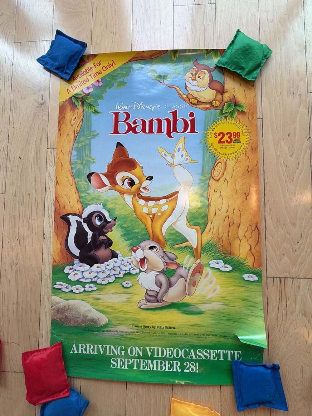 1988 Disney Bambi VHS Promo Poster 23x37 Original Canadian Video‎ Store Vintage
